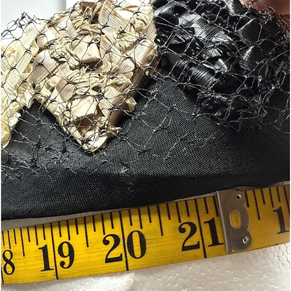VTG 1950s Pillbox Hat Net Veil Womens Black Cream Taupe Woven Raffia Rockabilly - Picture 10 of 11